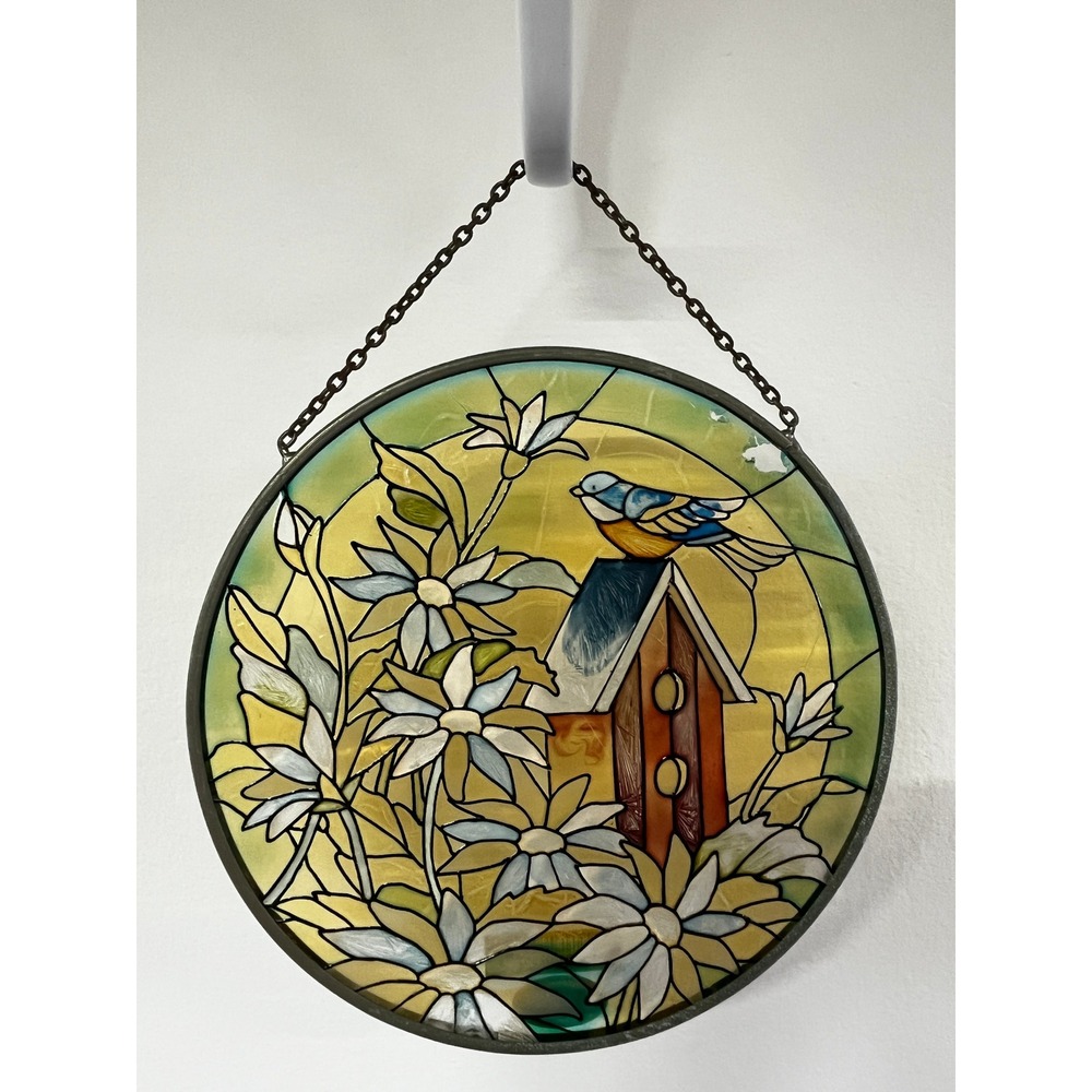 AMIA Denver Handpainted Glass Suncatcher Bluebird Birdhouse Floral 6.5" As Is